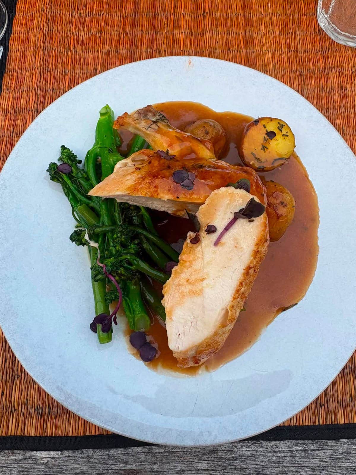 Roast chicken with greens, potatoes and sauce